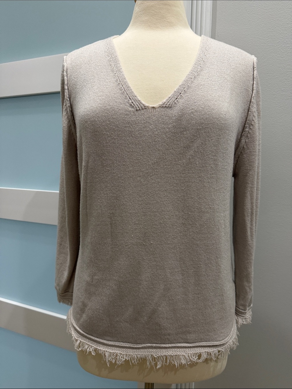 SHEIN Taupe V-Neck Fringe-Hem Knit Sweater